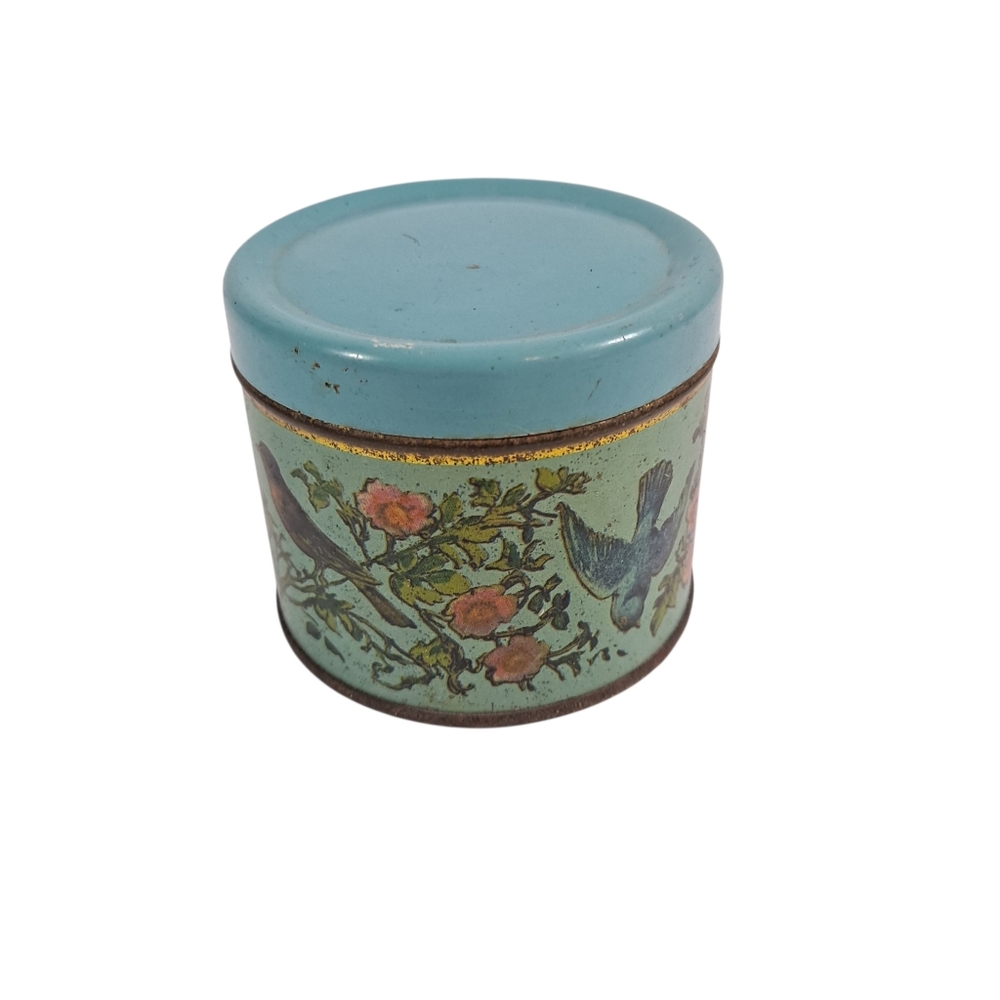 Vintage Canco Small Lidded Tin Blue Floral Birds 2.5 oz